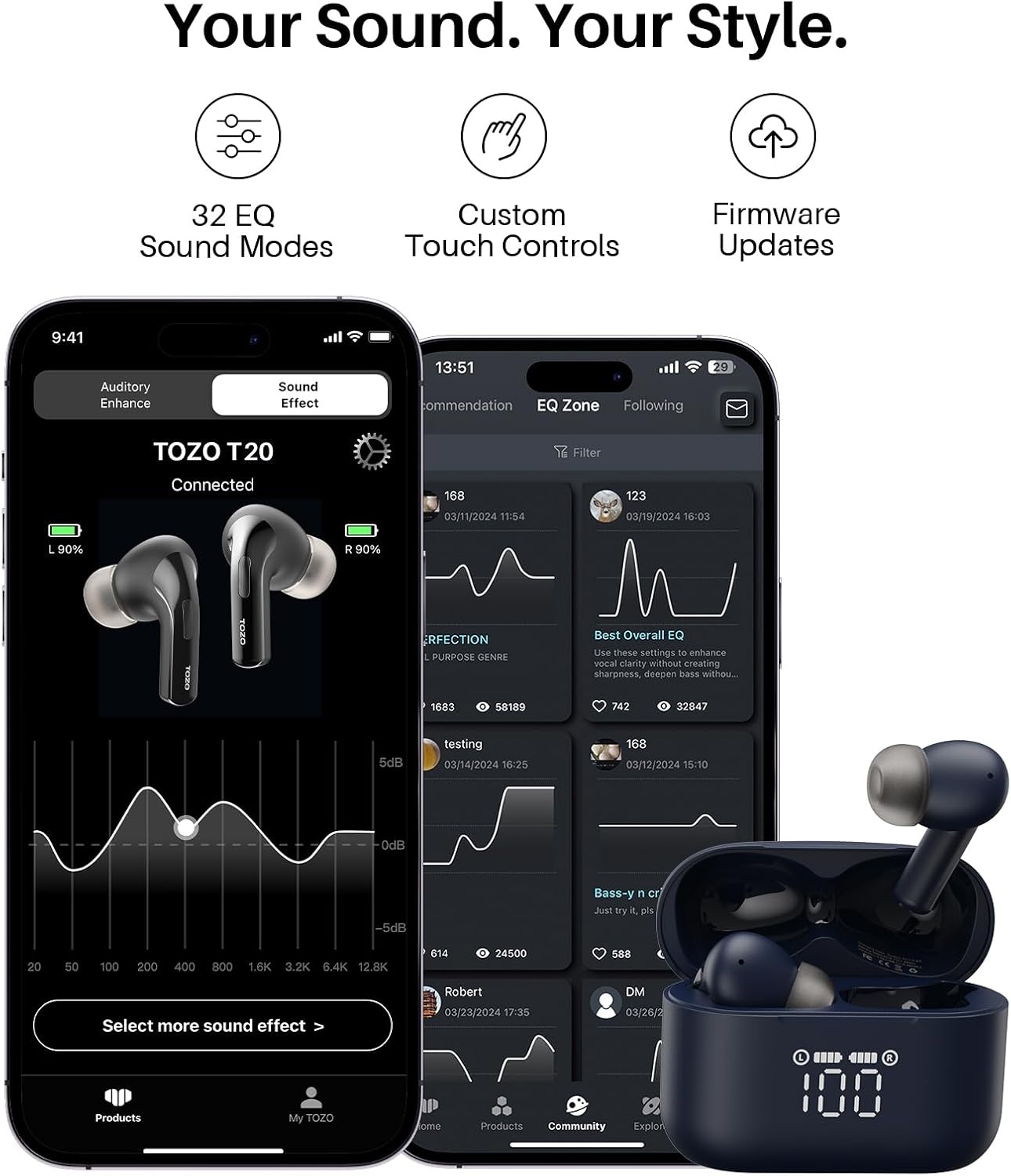 image:imageTOZO T20 Wireless Earbuds 97H Playtime Wireless Charging LED Display Case 10mm Deep Bass Sound Dual Mic ENC Clear Calls IPX8 Waterproof Bluetooth 53 Comfortable Fit Ear Buds For Daily UseBlue