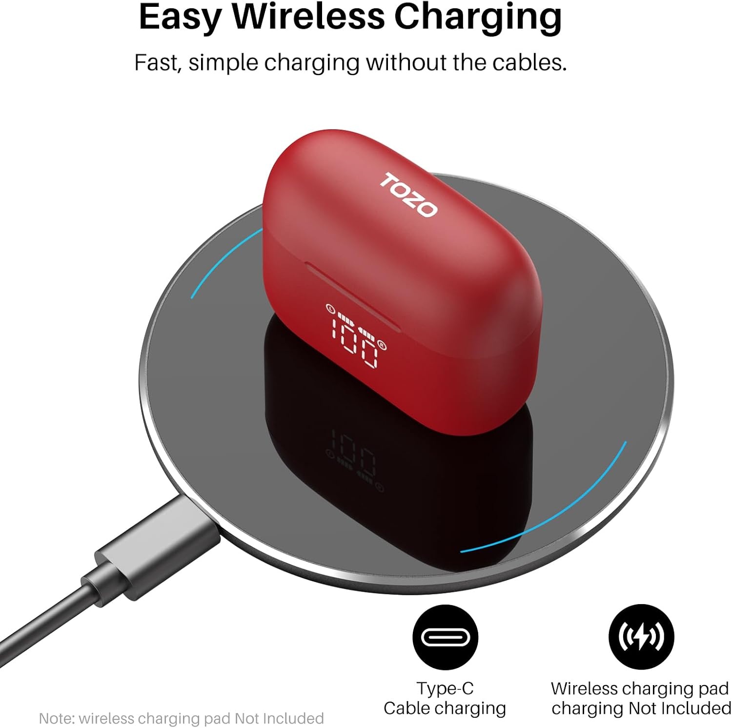 image:imageTOZO T20 Wireless Earbuds 97H Playtime Wireless Charging LED Display Case 10mm Deep Bass Sound Dual Mic ENC Clear Calls IPX8 Waterproof Bluetooth 53 Comfortable Fit Ear Buds For Daily UseDark Red