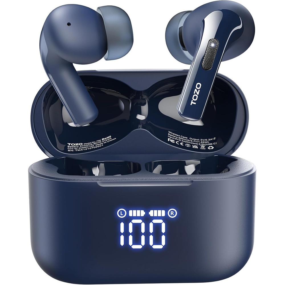 image:imageTOZO T20 Wireless Earbuds 97H Playtime Wireless Charging LED Display Case 10mm Deep Bass Sound Dual Mic ENC Clear Calls IPX8 Waterproof Bluetooth 53 Comfortable Fit Ear Buds For Daily UseBlue