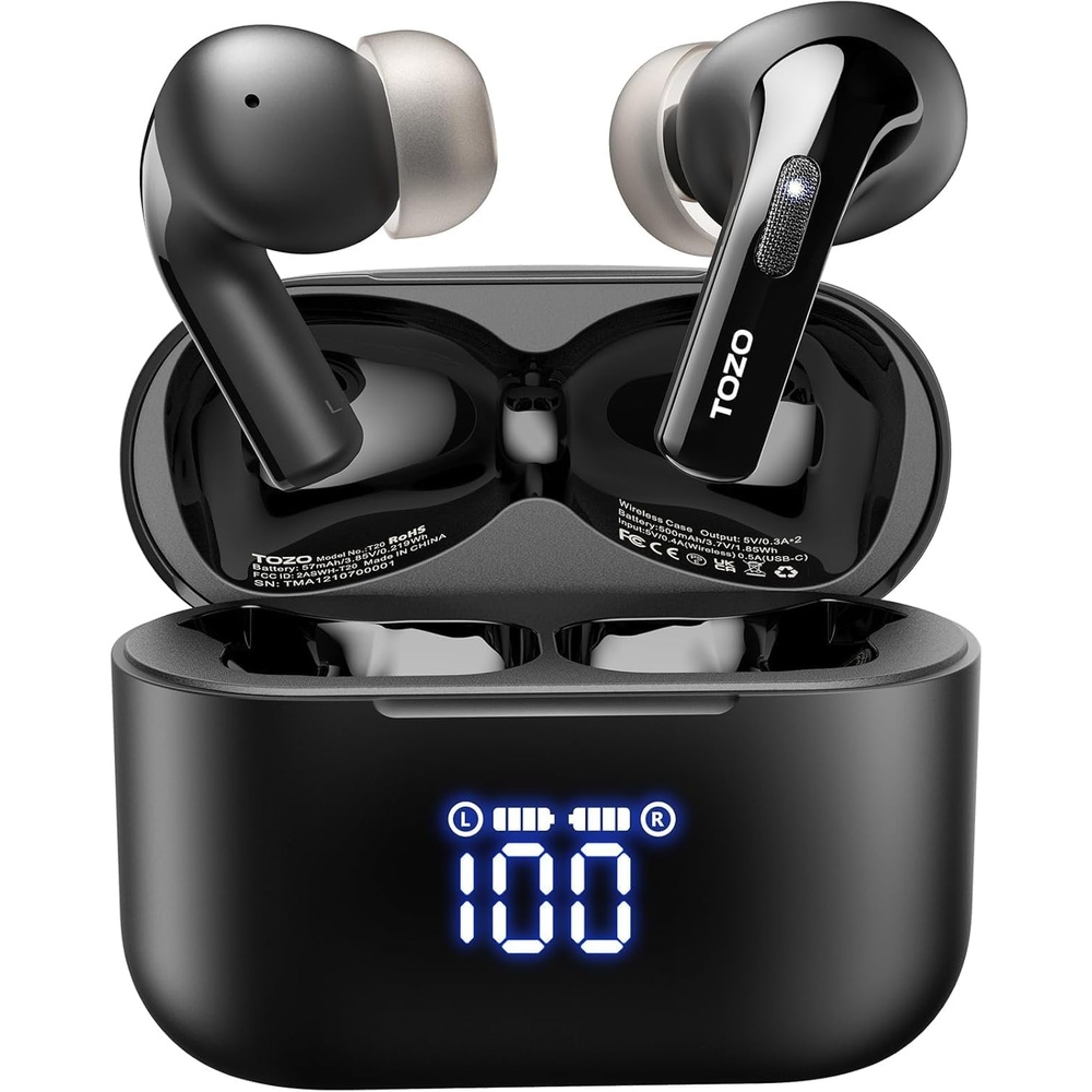 image:imageTOZO T20 Wireless Earbuds 97H Playtime Wireless Charging LED Display Case  10mm Deep Bass Sound Dual Mic ENC Clear Calls IPX8 Waterproof Bluetooth 53 Comfortable Fit Ear Buds For Daily UseBlack