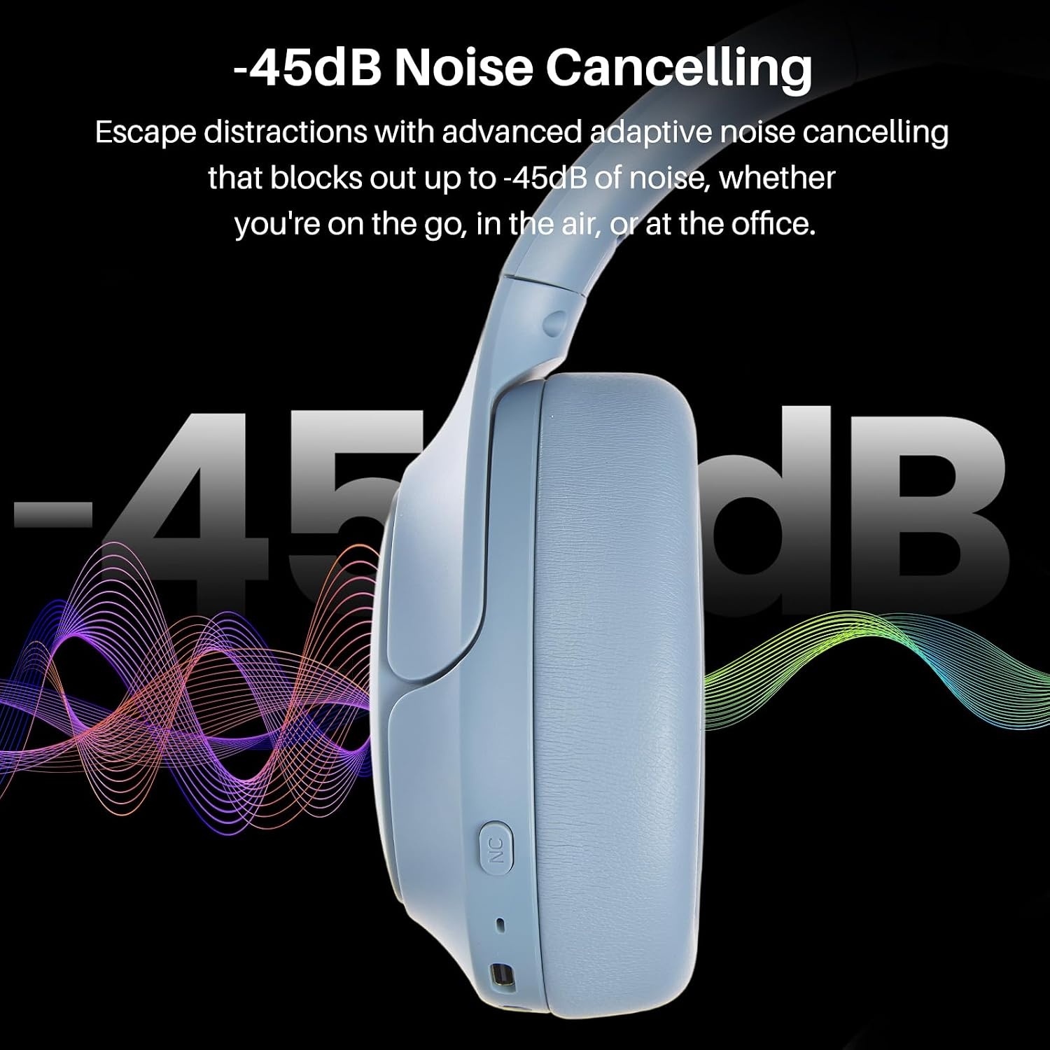 image:imageTOZO HT3 Hybrid Noise Cancelling Wireless Headphones 90H Over Ear Headset Hi Res Audio AI Voice Assistant Dual Device Connection 32 Custom EQs Built In 5 Mics ANC Foldable Bluetooth 60Blue