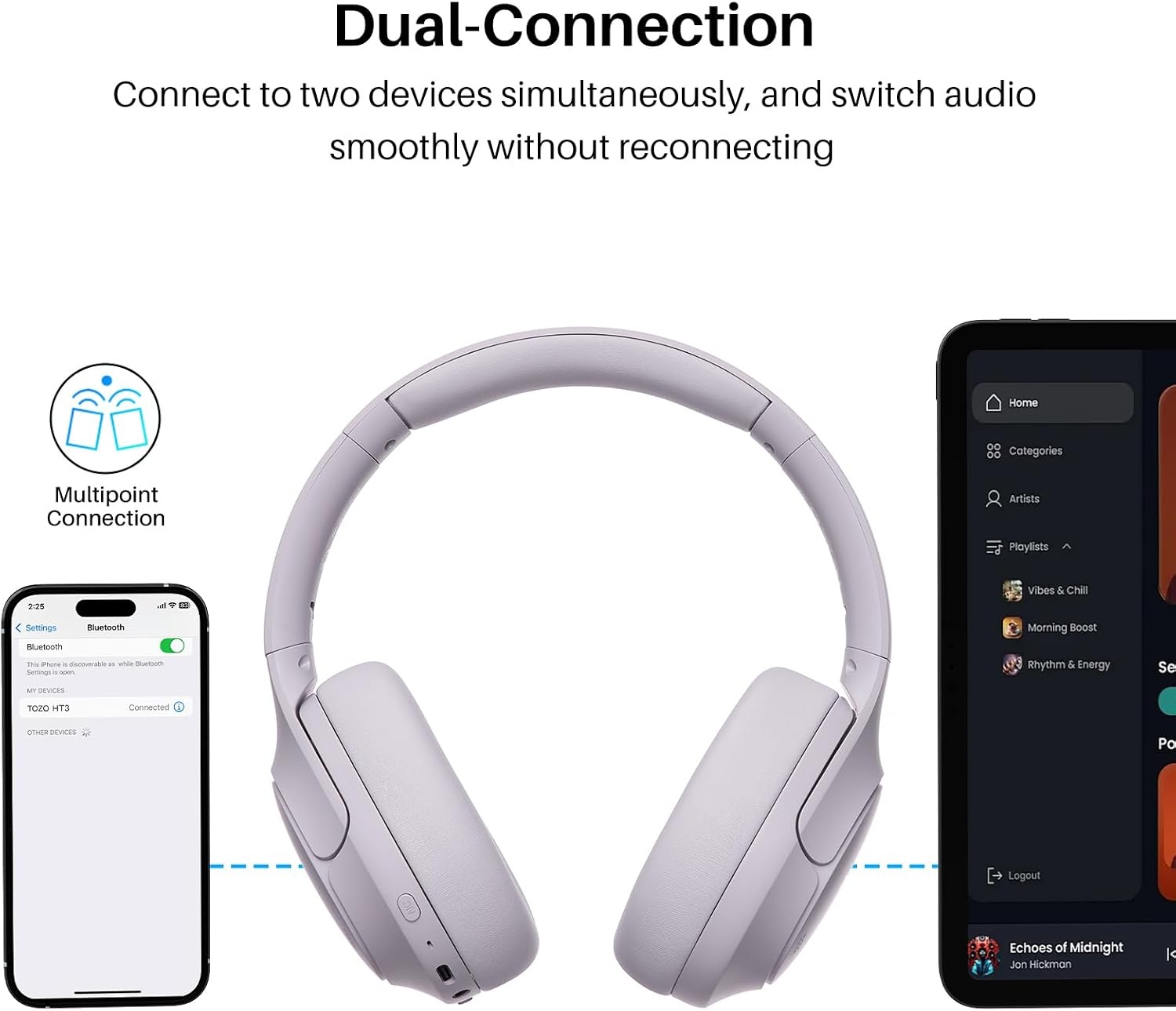 image:imageTOZO HT3 Hybrid Noise Cancelling Wireless Headphones 90H Over Ear Headset Hi Res Audio AI Voice Assistant Dual Device Connection 32 Custom EQs Built In 5 Mics ANC Foldable Bluetooth 60Light Purple