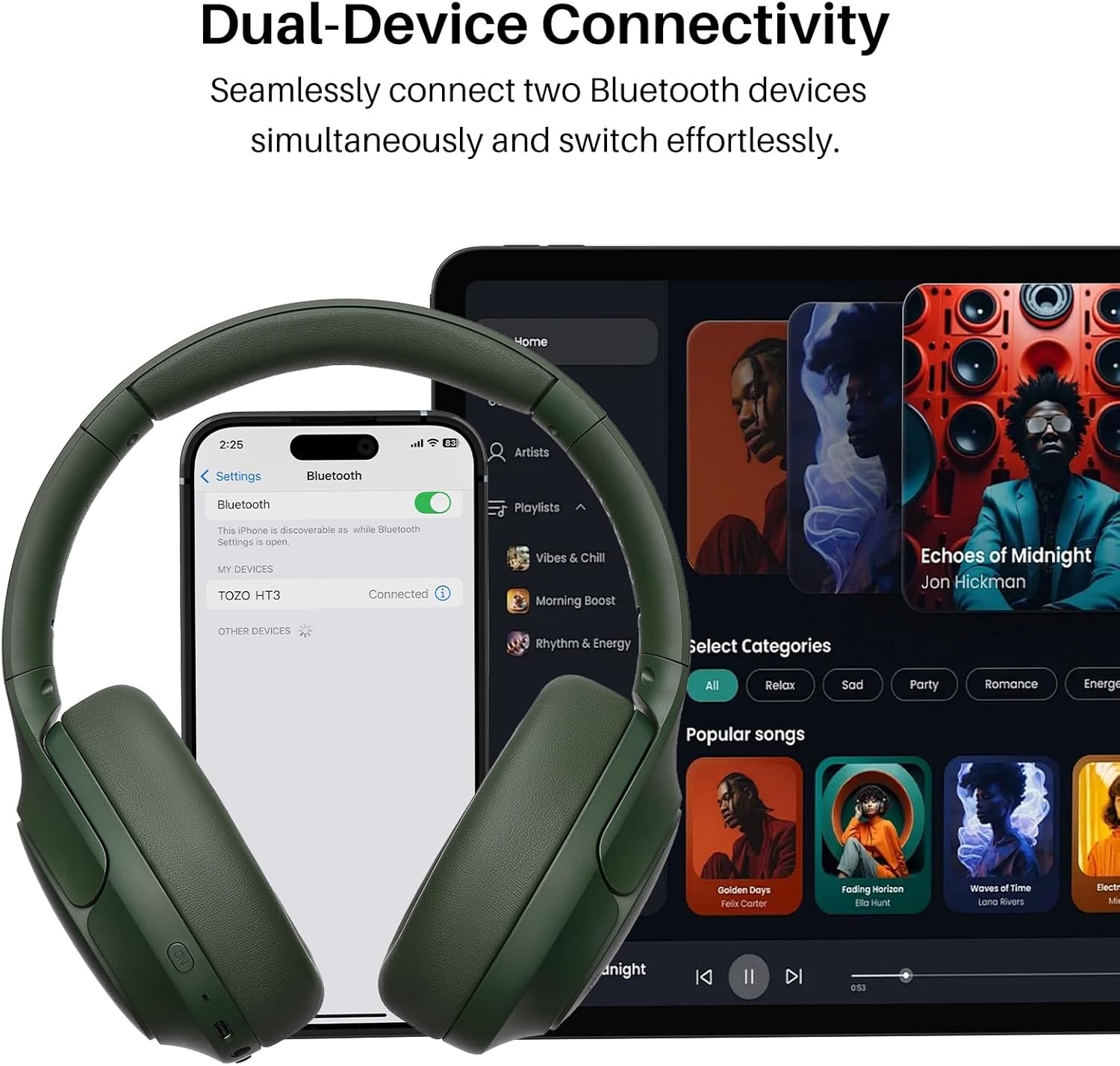 image:imageTOZO HT3 Hybrid Noise Cancelling Wireless Headphones 90H Over Ear Headset Hi Res Audio AI Voice Assistant Dual Device Connection 32 Custom EQs Built In 5 Mics ANC Foldable Bluetooth 60Matte Green