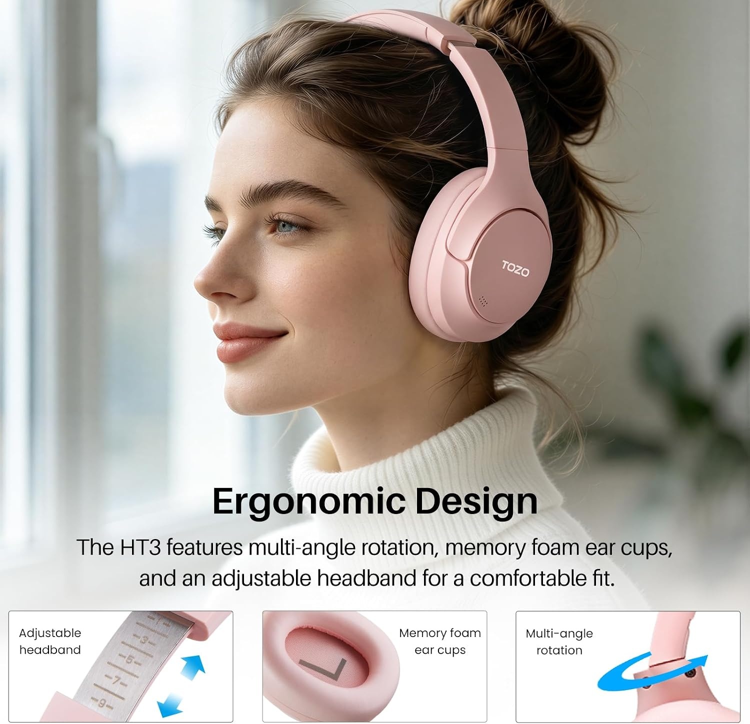 image:imageTOZO HT3 Hybrid Noise Cancelling Wireless Headphones 90H Over Ear Headset Hi Res Audio AI Voice Assistant Dual Device Connection 32 Custom EQs Built In 5 Mics ANC Foldable Bluetooth 60Titanium Pink