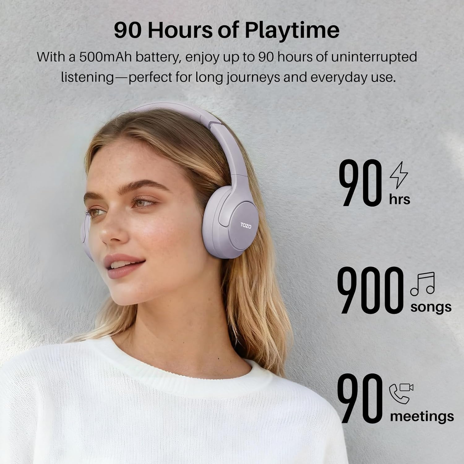 image:imageTOZO HT3 Hybrid Noise Cancelling Wireless Headphones 90H Over Ear Headset Hi Res Audio AI Voice Assistant Dual Device Connection 32 Custom EQs Built In 5 Mics ANC Foldable Bluetooth 60Purple