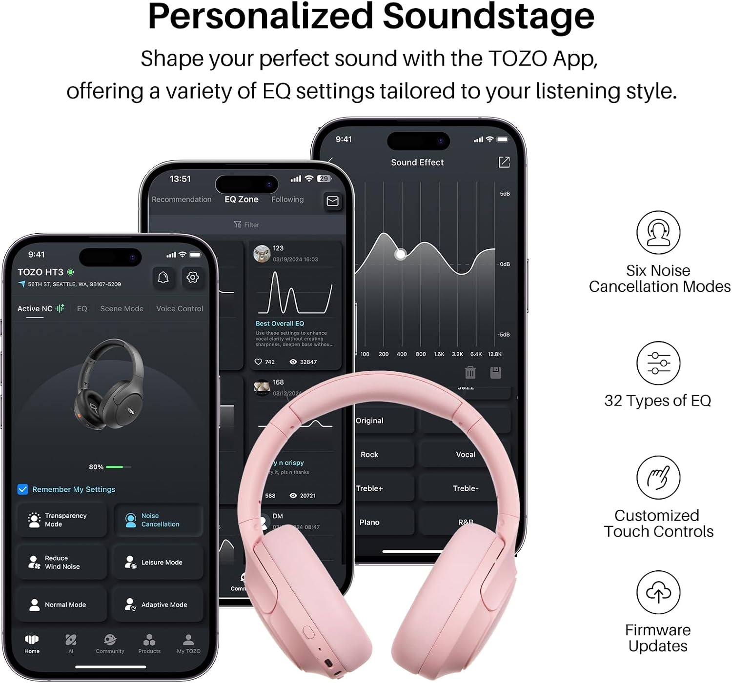 image:imageTOZO HT3 Hybrid Noise Cancelling Wireless Headphones 90H Over Ear Headset Hi Res Audio AI Voice Assistant Dual Device Connection 32 Custom EQs Built In 5 Mics ANC Foldable Bluetooth 60Titanium Pink