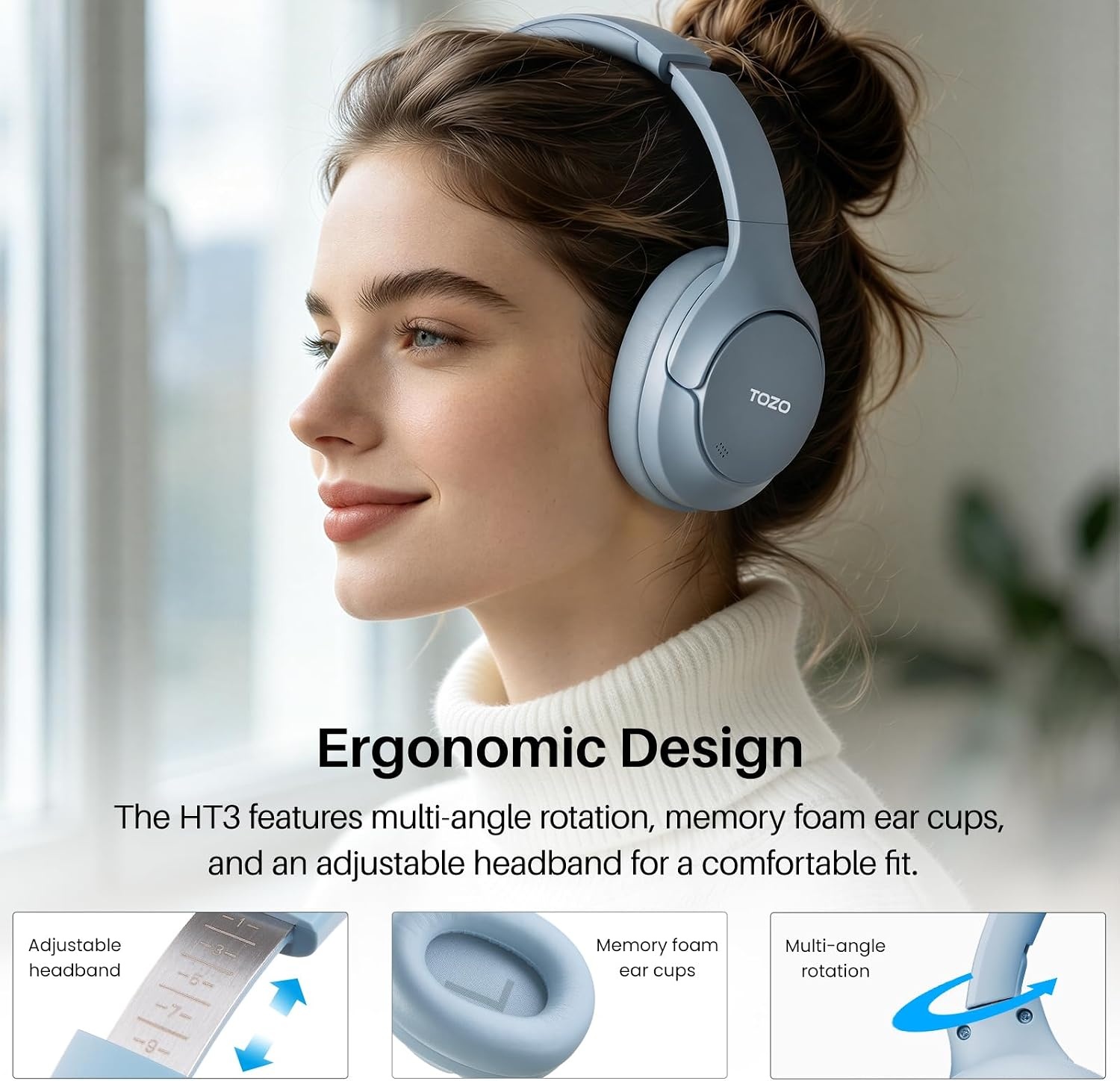 image:imageTOZO HT3 Hybrid Noise Cancelling Wireless Headphones 90H Over Ear Headset Hi Res Audio AI Voice Assistant Dual Device Connection 32 Custom EQs Built In 5 Mics ANC Foldable Bluetooth 60Titanium Blue