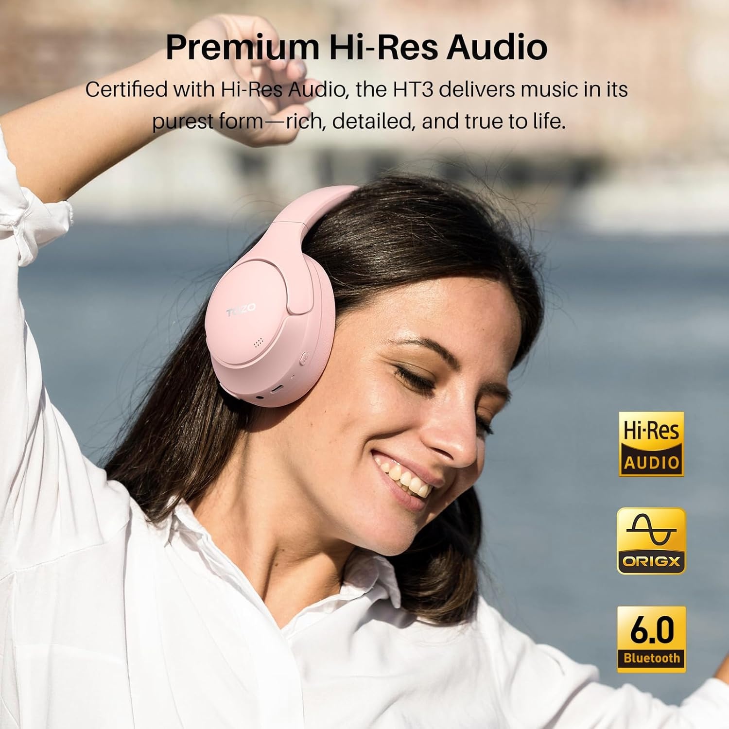 image:imageTOZO HT3 Hybrid Noise Cancelling Wireless Headphones 90H Over Ear Headset Hi Res Audio AI Voice Assistant Dual Device Connection 32 Custom EQs Built In 5 Mics ANC Foldable Bluetooth 60Pink