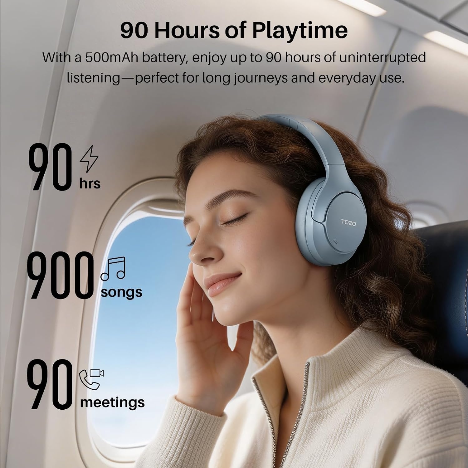 image:imageTOZO HT3 Hybrid Noise Cancelling Wireless Headphones 90H Over Ear Headset Hi Res Audio AI Voice Assistant Dual Device Connection 32 Custom EQs Built In 5 Mics ANC Foldable Bluetooth 60Titanium Blue