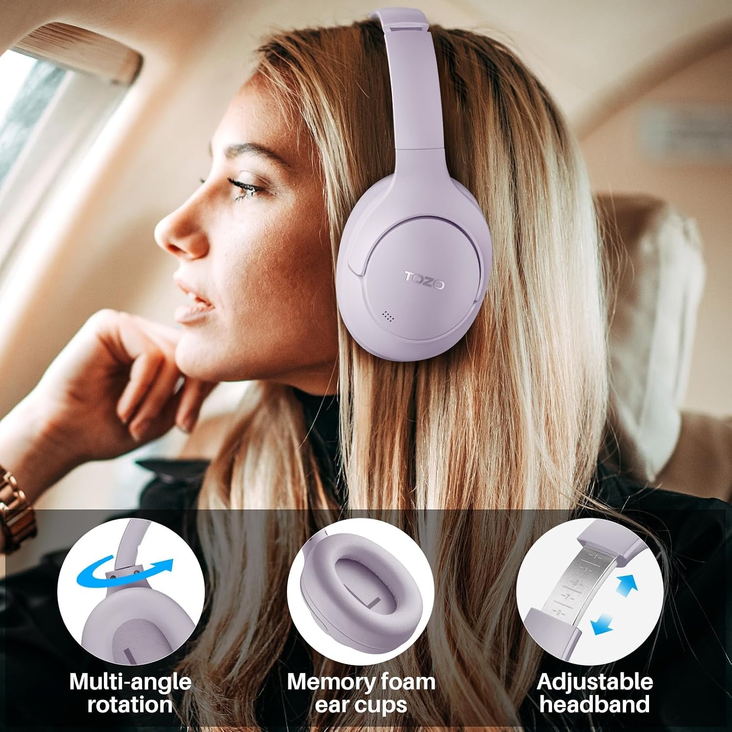 image:imageTOZO HT3 Hybrid Noise Cancelling Wireless Headphones 90H Over Ear Headset Hi Res Audio AI Voice Assistant Dual Device Connection 32 Custom EQs Built In 5 Mics ANC Foldable Bluetooth 60Purple