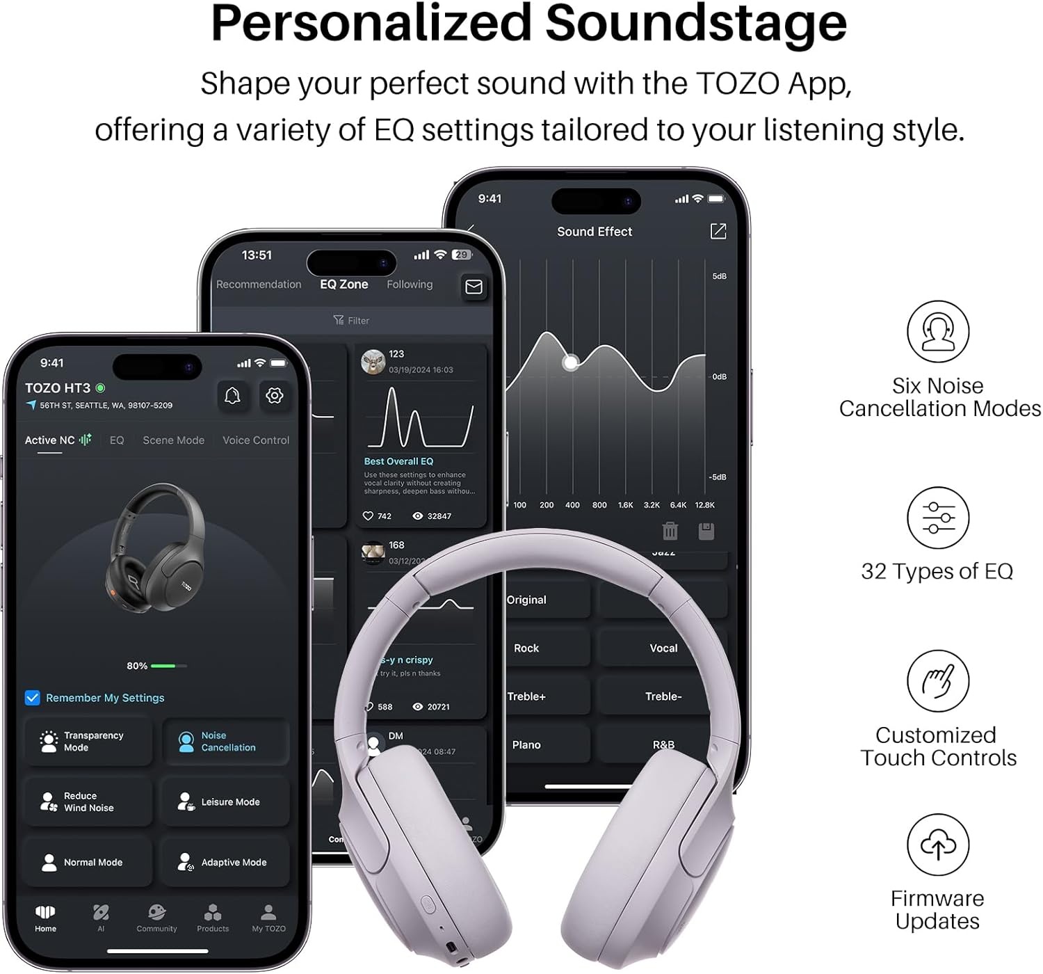 image:imageTOZO HT3 Hybrid Noise Cancelling Wireless Headphones 90H Over Ear Headset Hi Res Audio AI Voice Assistant Dual Device Connection 32 Custom EQs Built In 5 Mics ANC Foldable Bluetooth 60Purple
