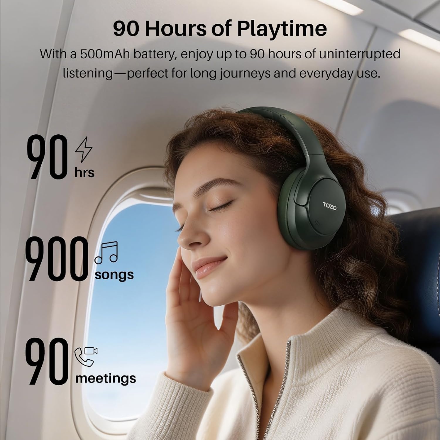 image:imageTOZO HT3 Hybrid Noise Cancelling Wireless Headphones 90H Over Ear Headset Hi Res Audio AI Voice Assistant Dual Device Connection 32 Custom EQs Built In 5 Mics ANC Foldable Bluetooth 60Green