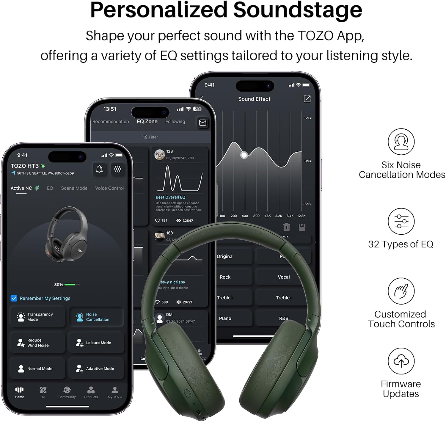 image:imageTOZO HT3 Hybrid Noise Cancelling Wireless Headphones 90H Over Ear Headset Hi Res Audio AI Voice Assistant Dual Device Connection 32 Custom EQs Built In 5 Mics ANC Foldable Bluetooth 60Green