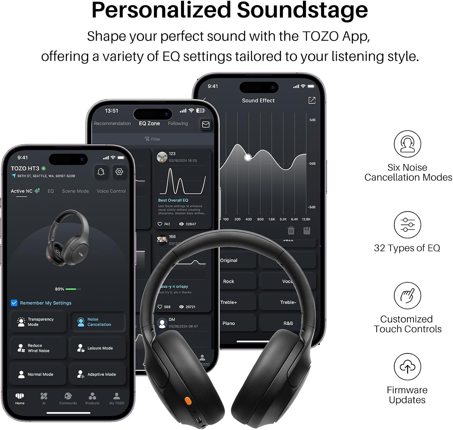 image:imageTOZO HT3 Hybrid Noise Cancelling Wireless Headphones 90H Over Ear Headset Hi Res Audio AI Voice Assistant Dual Device Connection 32 Custom EQs Built In 5 Mics ANC Foldable Bluetooth 60Titanium Black