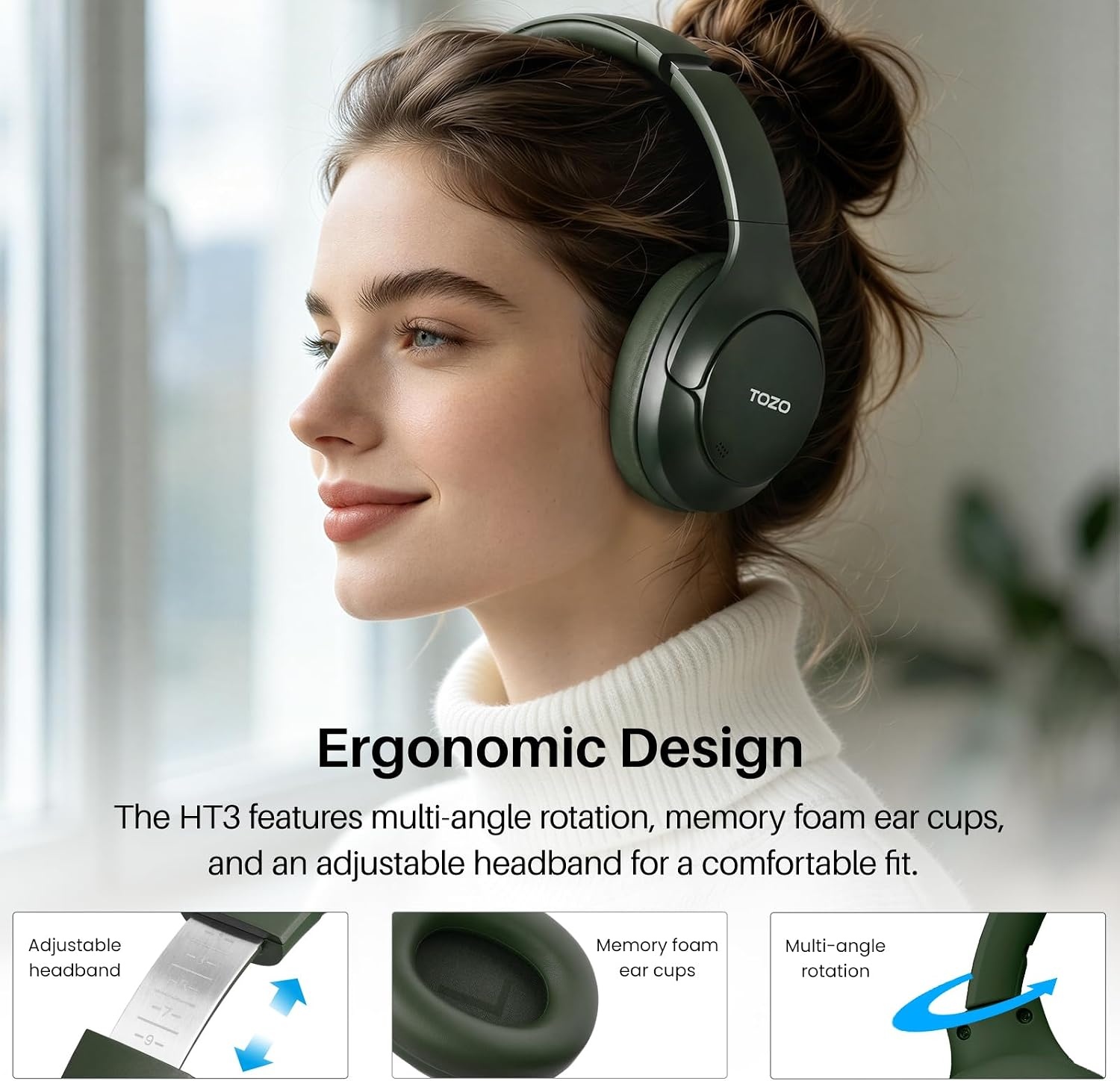 image:imageTOZO HT3 Hybrid Noise Cancelling Wireless Headphones 90H Over Ear Headset Hi Res Audio AI Voice Assistant Dual Device Connection 32 Custom EQs Built In 5 Mics ANC Foldable Bluetooth 60Green