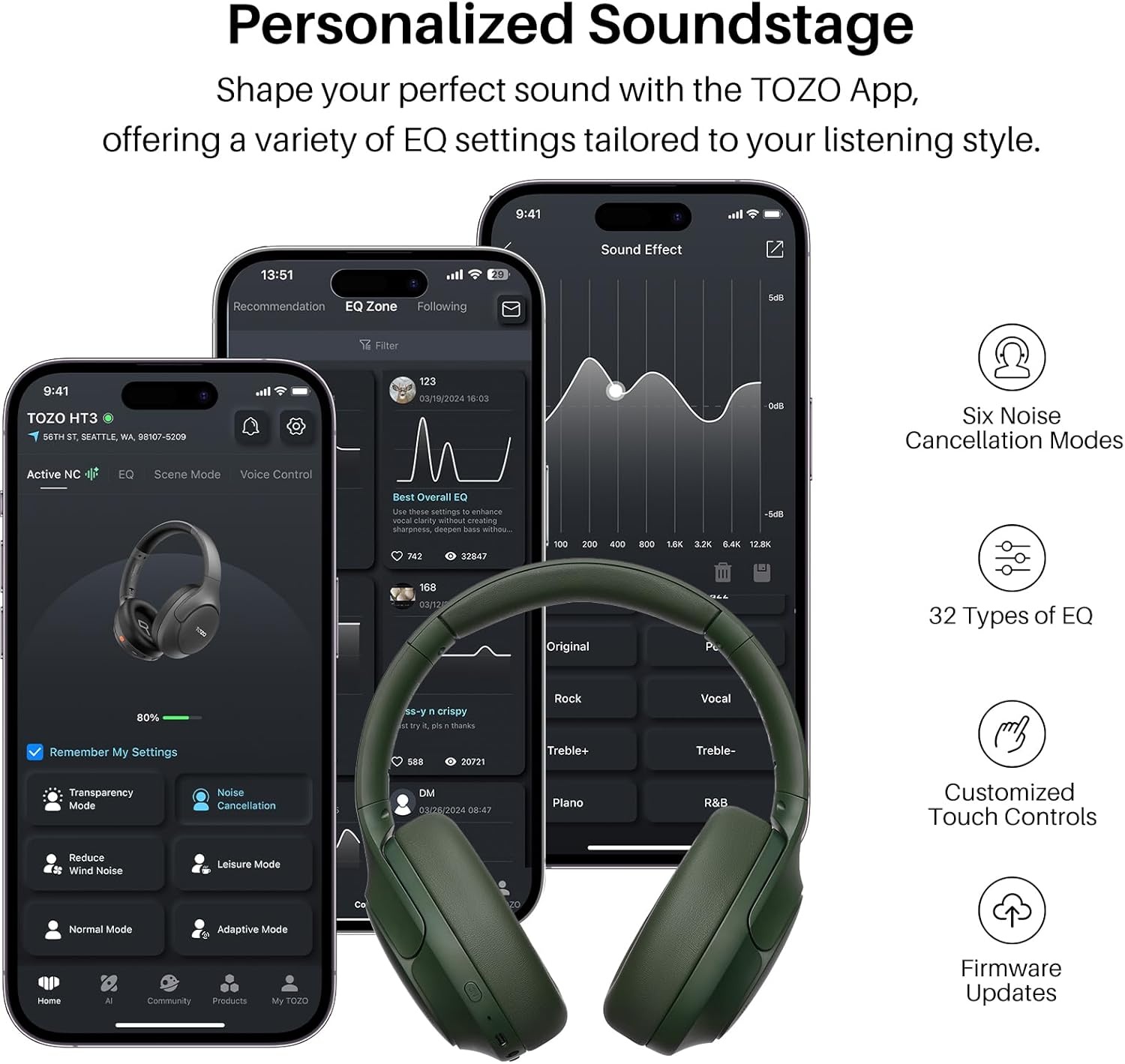 image:imageTOZO HT3 Hybrid Noise Cancelling Wireless Headphones 90H Over Ear Headset Hi Res Audio AI Voice Assistant Dual Device Connection 32 Custom EQs Built In 5 Mics ANC Foldable Bluetooth 60Matte Green
