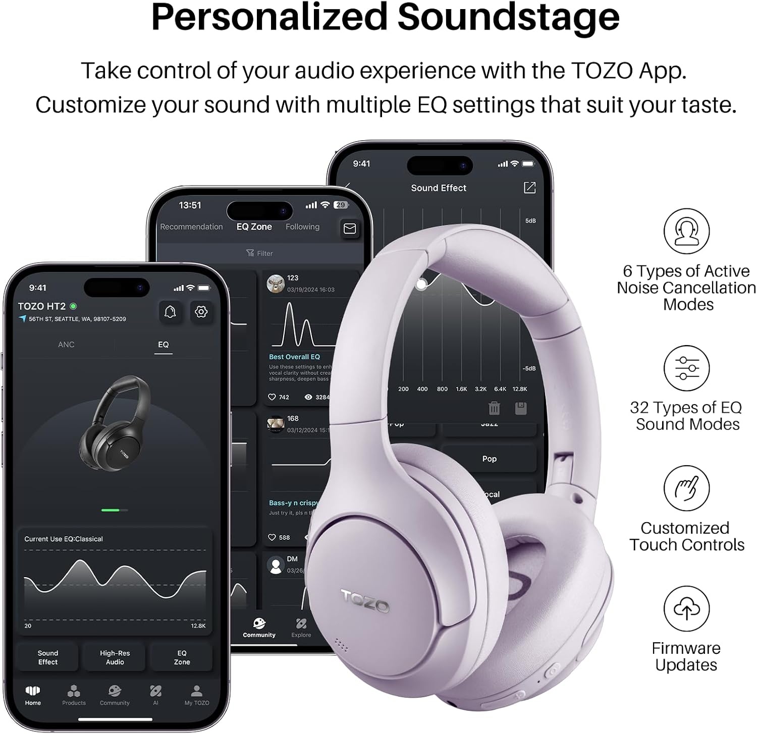 image:imageTOZO HT3 Hybrid Noise Cancelling Wireless Headphones 90H Over Ear Headset Hi Res Audio AI Voice Assistant Dual Device Connection 32 Custom EQs Built In 5 Mics ANC Foldable Bluetooth 60Purple