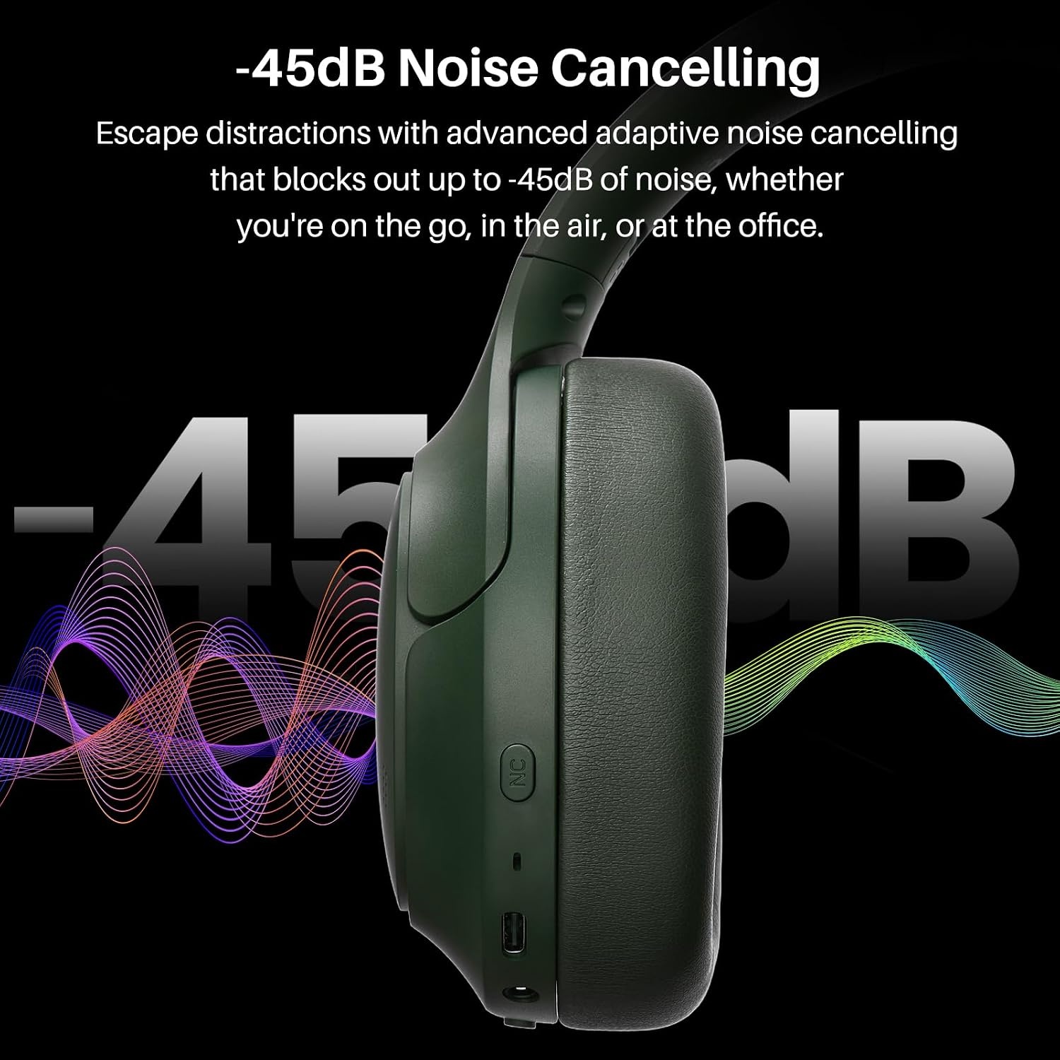 image:imageTOZO HT3 Hybrid Noise Cancelling Wireless Headphones 90H Over Ear Headset Hi Res Audio AI Voice Assistant Dual Device Connection 32 Custom EQs Built In 5 Mics ANC Foldable Bluetooth 60Green