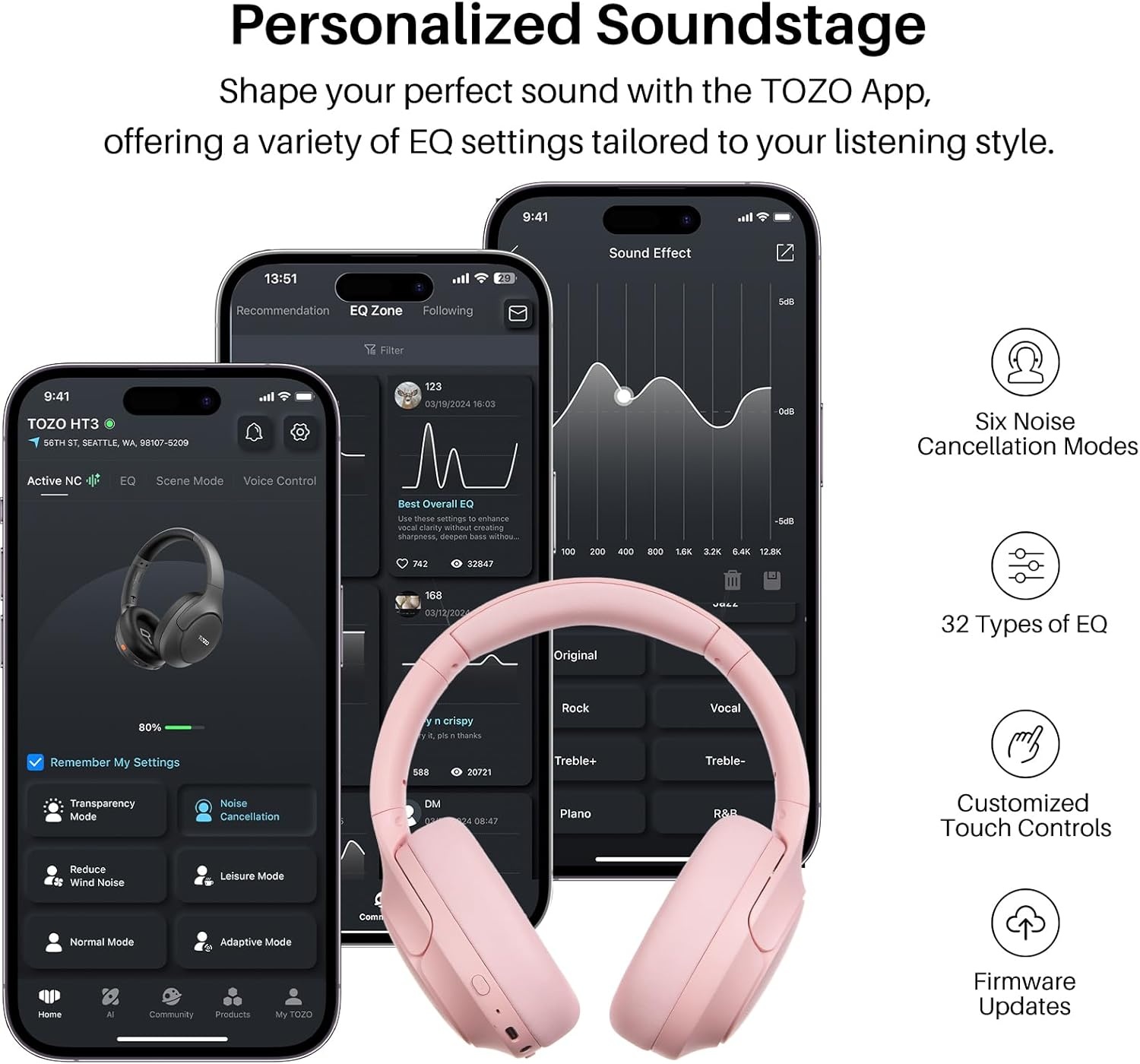 image:imageTOZO HT3 Hybrid Noise Cancelling Wireless Headphones 90H Over Ear Headset Hi Res Audio AI Voice Assistant Dual Device Connection 32 Custom EQs Built In 5 Mics ANC Foldable Bluetooth 60Pink