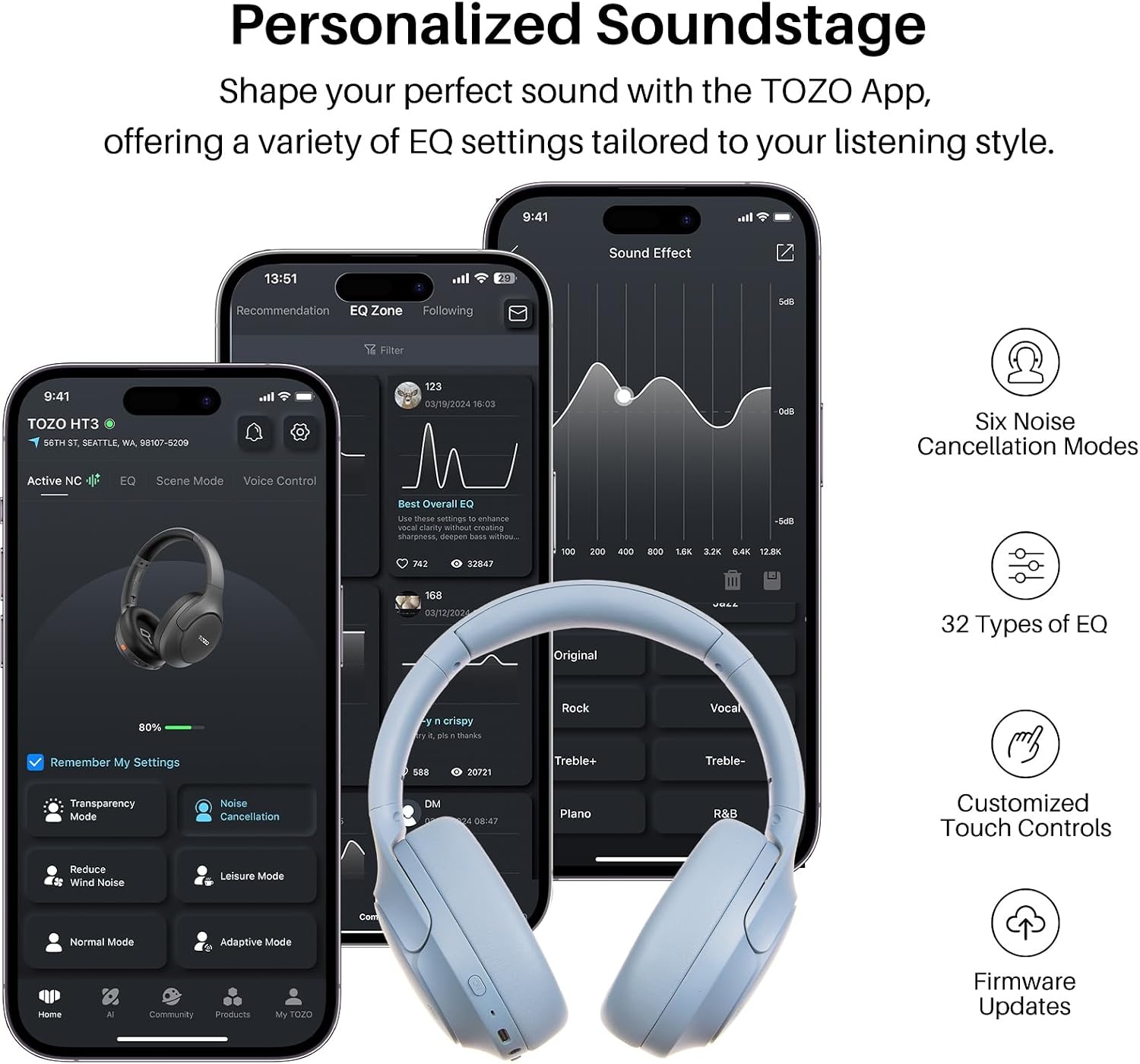 image:imageTOZO HT3 Hybrid Noise Cancelling Wireless Headphones 90H Over Ear Headset Hi Res Audio AI Voice Assistant Dual Device Connection 32 Custom EQs Built In 5 Mics ANC Foldable Bluetooth 60Titanium Blue