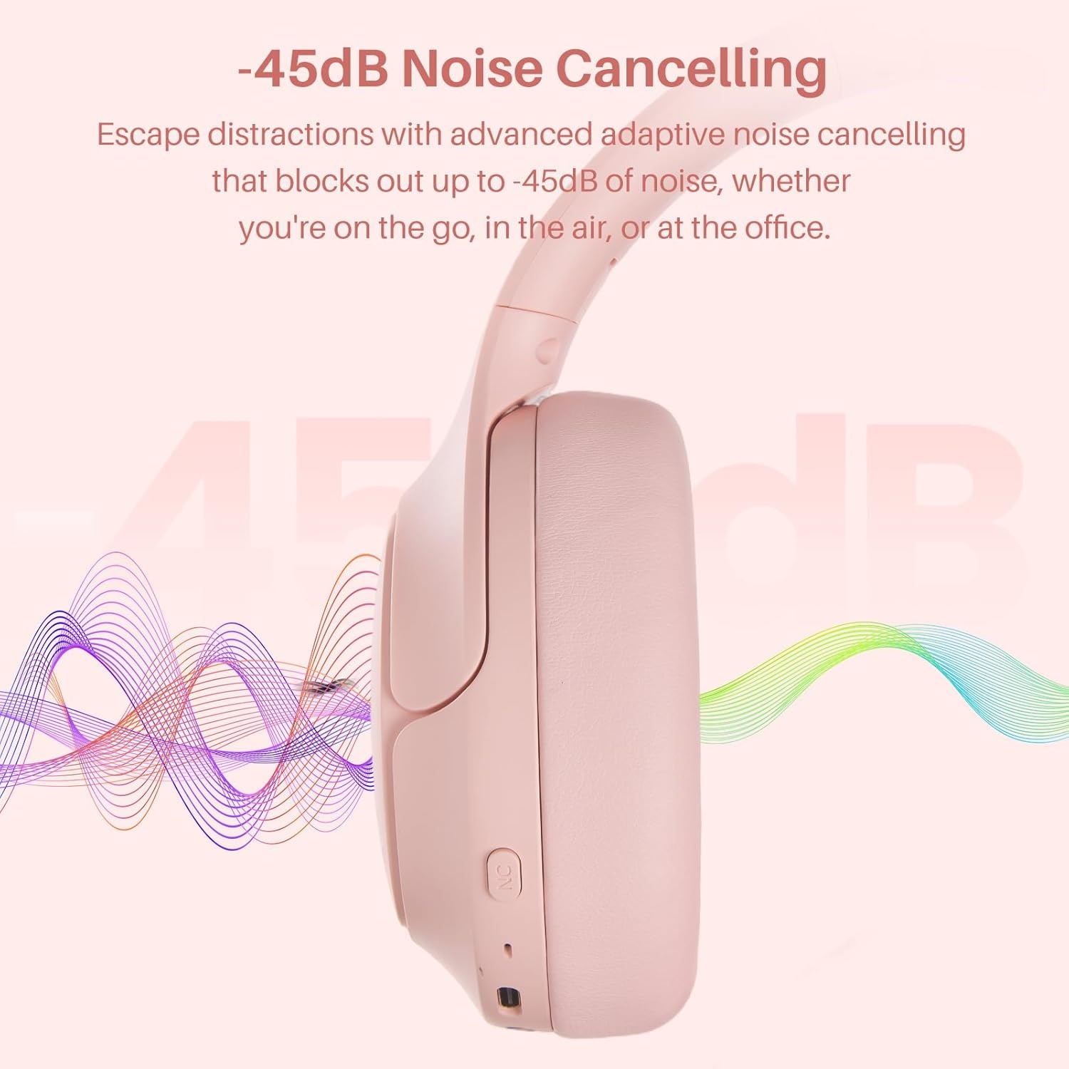 image:imageTOZO HT3 Hybrid Noise Cancelling Wireless Headphones 90H Over Ear Headset Hi Res Audio AI Voice Assistant Dual Device Connection 32 Custom EQs Built In 5 Mics ANC Foldable Bluetooth 60Pink
