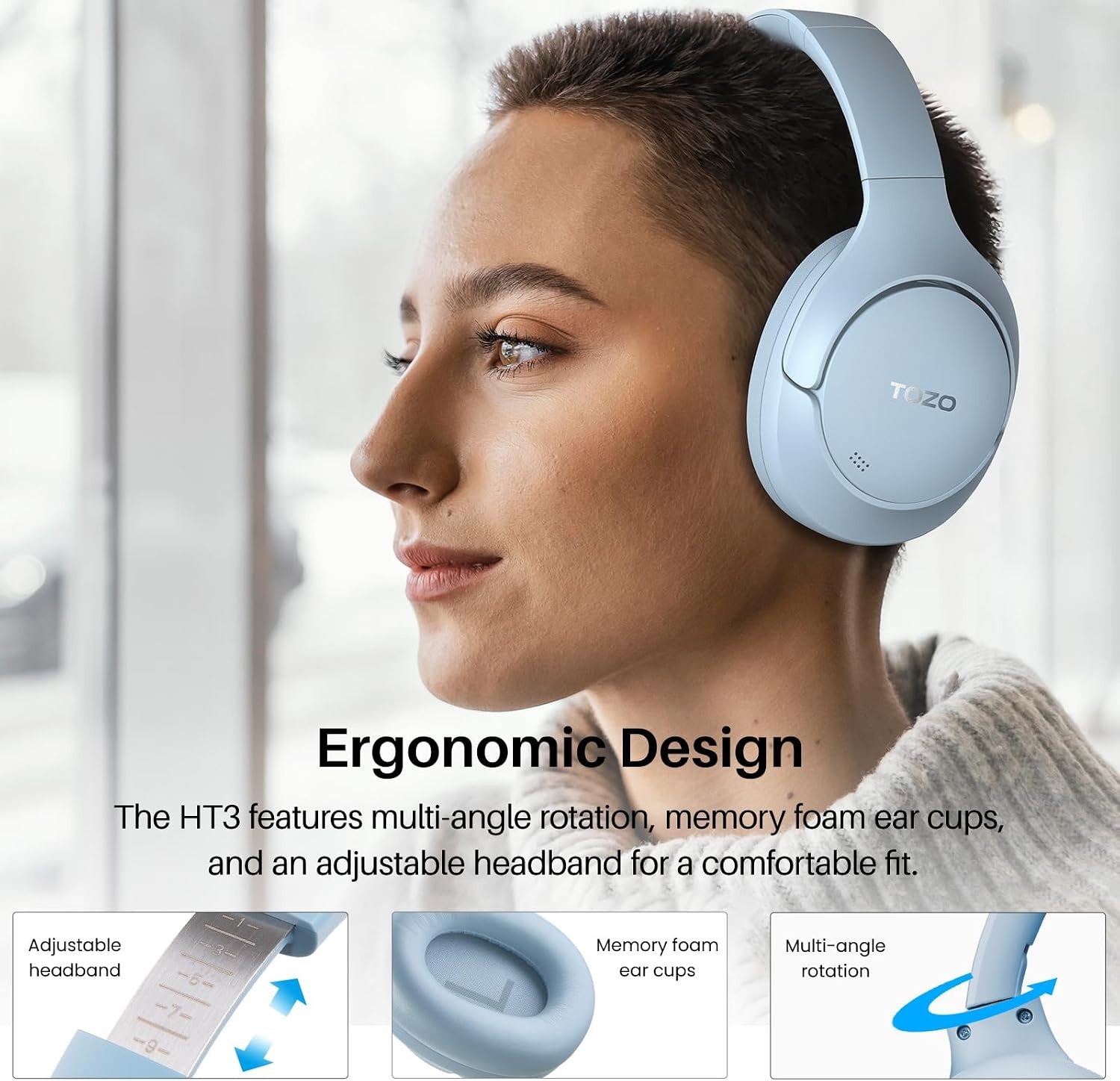 image:imageTOZO HT3 Hybrid Noise Cancelling Wireless Headphones 90H Over Ear Headset Hi Res Audio AI Voice Assistant Dual Device Connection 32 Custom EQs Built In 5 Mics ANC Foldable Bluetooth 60Blue