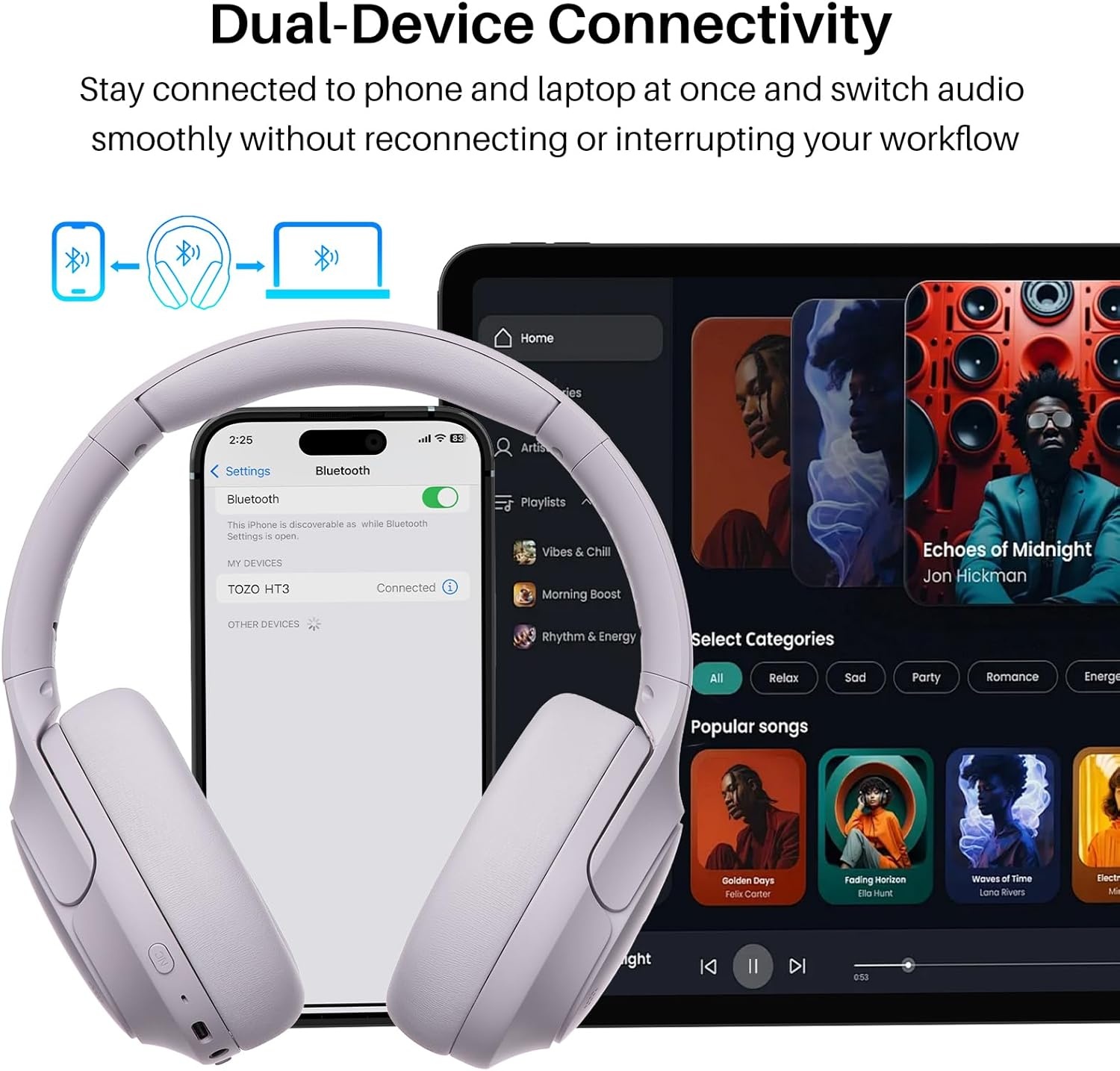image:imageTOZO HT3 Hybrid Noise Cancelling Wireless Headphones 90H Over Ear Headset Hi Res Audio AI Voice Assistant Dual Device Connection 32 Custom EQs Built In 5 Mics ANC Foldable Bluetooth 60Purple