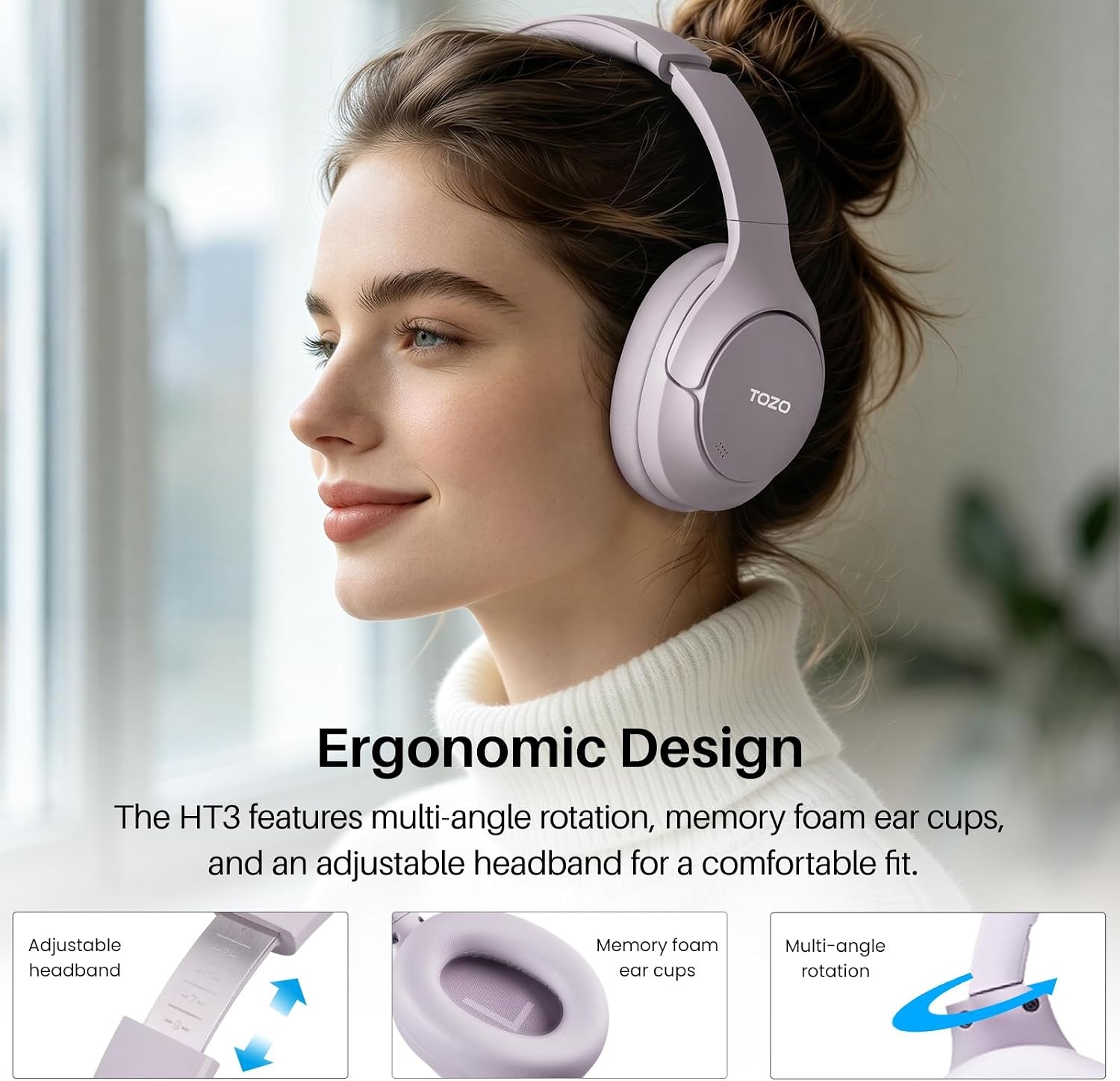 image:imageTOZO HT3 Hybrid Noise Cancelling Wireless Headphones 90H Over Ear Headset Hi Res Audio AI Voice Assistant Dual Device Connection 32 Custom EQs Built In 5 Mics ANC Foldable Bluetooth 60Light Purple