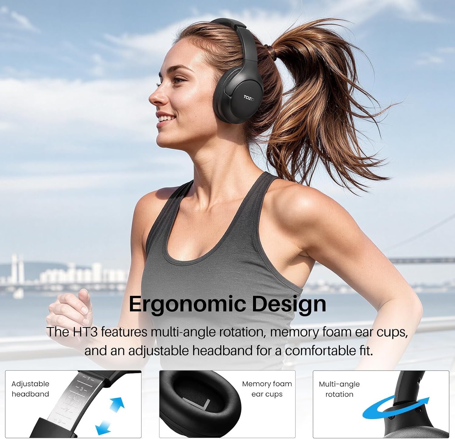 image:imageTOZO HT3 Hybrid Noise Cancelling Wireless Headphones 90H Over Ear Headset Hi Res Audio AI Voice Assistant Dual Device Connection 32 Custom EQs Built In 5 Mics ANC Foldable Bluetooth 60Titanium Black
