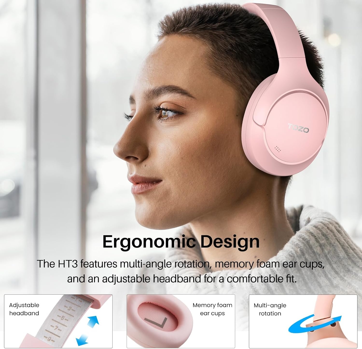 image:imageTOZO HT3 Hybrid Noise Cancelling Wireless Headphones 90H Over Ear Headset Hi Res Audio AI Voice Assistant Dual Device Connection 32 Custom EQs Built In 5 Mics ANC Foldable Bluetooth 60Pink
