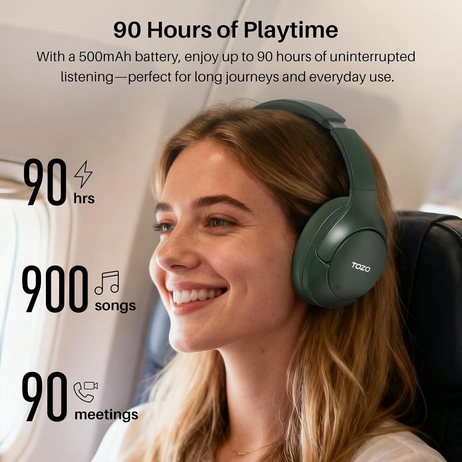 image:imageTOZO HT3 Hybrid Noise Cancelling Wireless Headphones 90H Over Ear Headset Hi Res Audio AI Voice Assistant Dual Device Connection 32 Custom EQs Built In 5 Mics ANC Foldable Bluetooth 60Matte Green