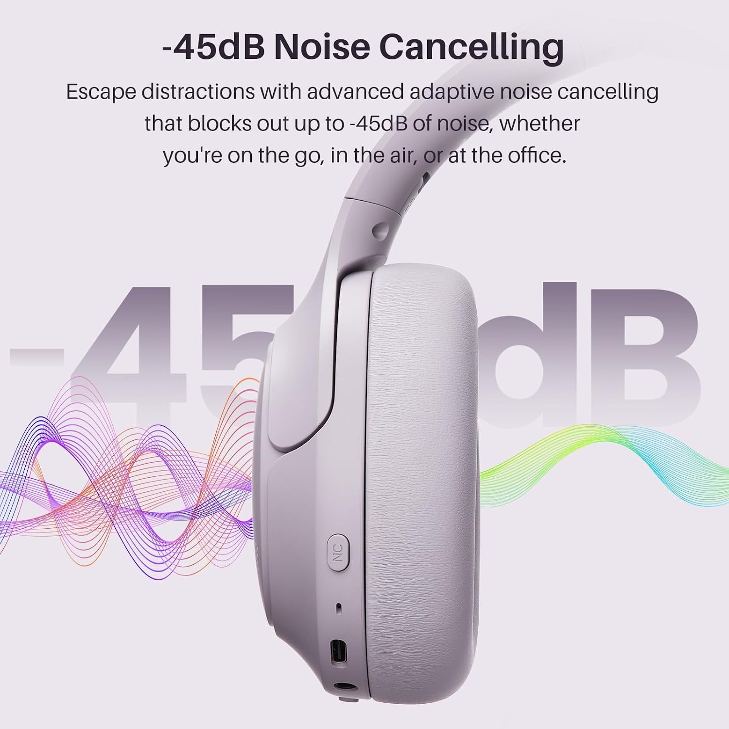 image:imageTOZO HT3 Hybrid Noise Cancelling Wireless Headphones 90H Over Ear Headset Hi Res Audio AI Voice Assistant Dual Device Connection 32 Custom EQs Built In 5 Mics ANC Foldable Bluetooth 60Light Purple