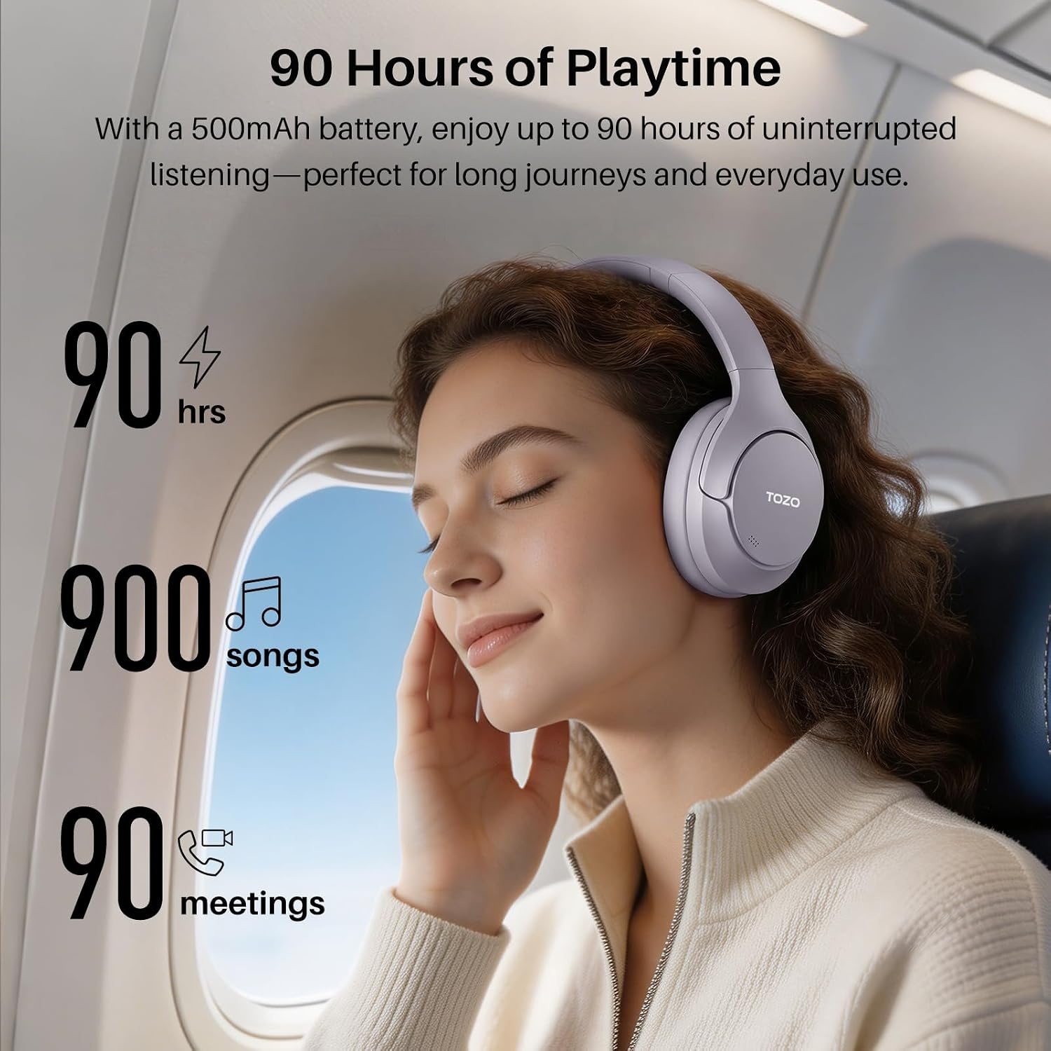 image:imageTOZO HT3 Hybrid Noise Cancelling Wireless Headphones 90H Over Ear Headset Hi Res Audio AI Voice Assistant Dual Device Connection 32 Custom EQs Built In 5 Mics ANC Foldable Bluetooth 60Light Purple