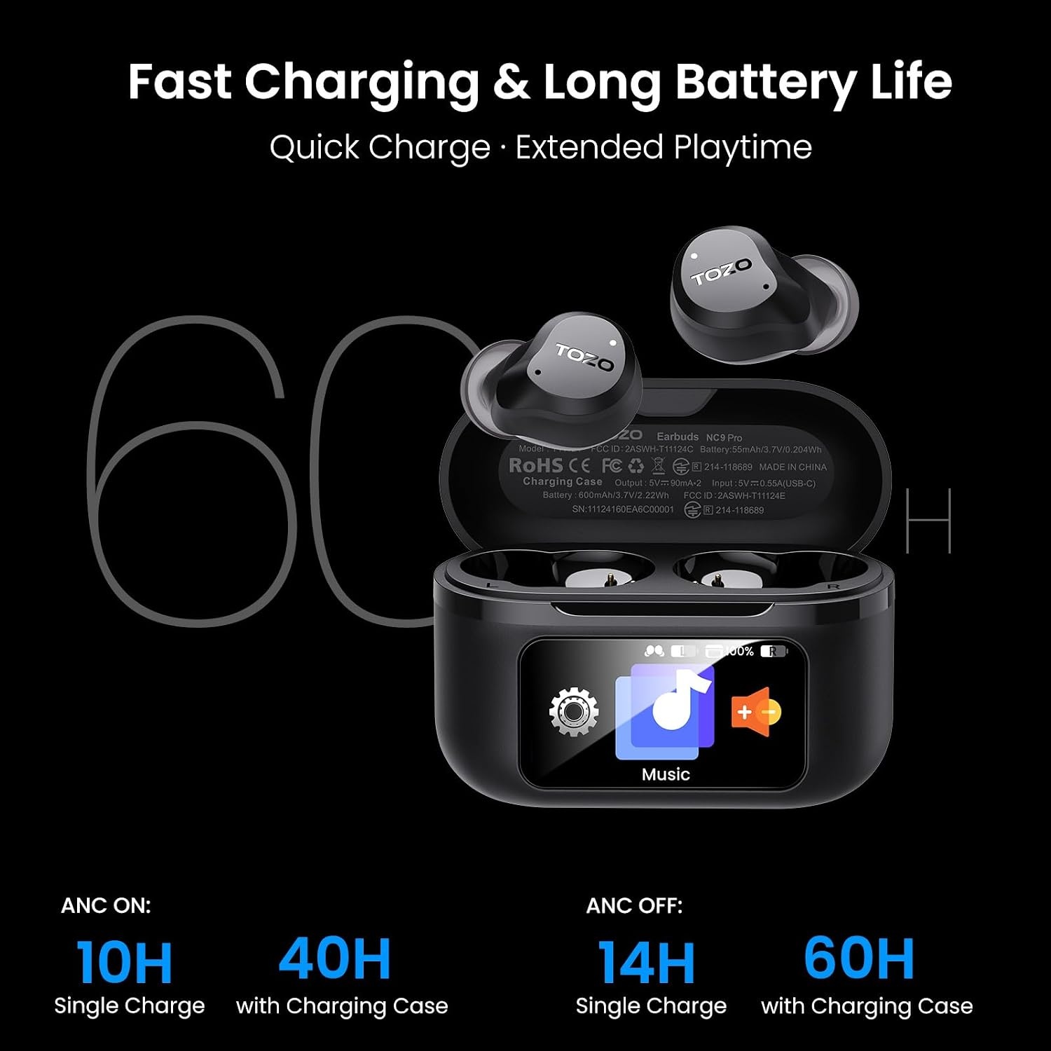 image:imageTOZO NC9 Pro Active Noise Cancelling Wireless Earbuds LDAC HiRes AudioBlack